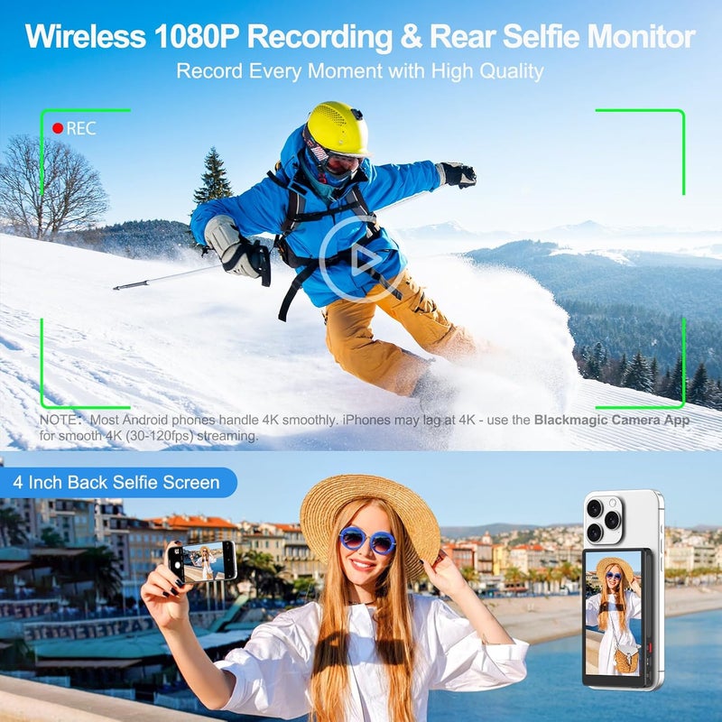 XBONFIRE 4" Magnetic Phone Vlog Selfie Monitor Screen, 1080P Wireless Mirroring, Phone Selfie Monitor Screen Back Camera Monitor for Selfie Vlog Content Creator Live Stream,Snaplylens for iPhone, Android - Image 3